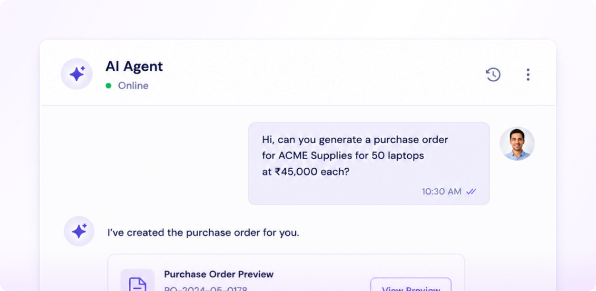 The ITeCApp AI agent drafting a purchase order from a chat request